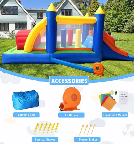 Miniatura 7 de HuaKastro Casa Inflable de Obstáculos y Saltos para Niños de 16.3x7.2 Pies con Toboganes de Carreras Duales, Túneles de Gateo, Escalada, Obstáculos
