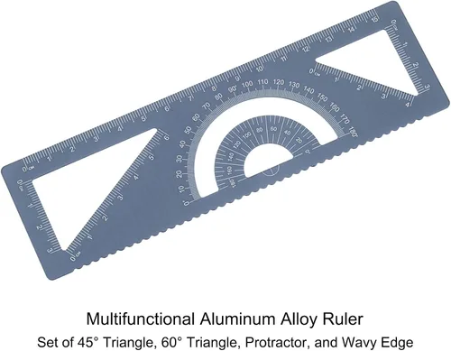 Miniatura 2 de HARFINGTON Regla geométrica recta de 5.9 in, regla métrica de aleación de aluminio, borde ondulado con triángulo, herramienta de medición