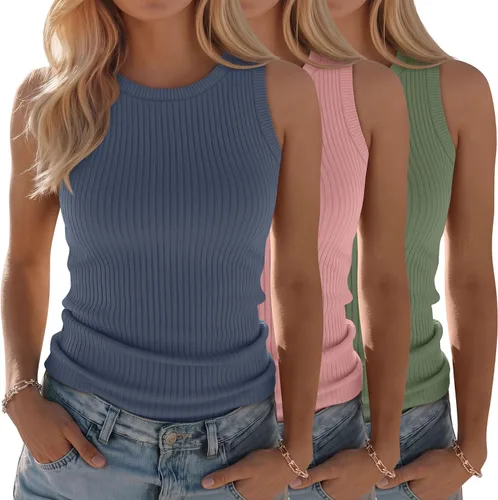Miniatura 11 de Paquete de 3 camisetas sin mangas de algodón para mujer, de punto acanalado, casuales, básicas, de cuello redondo, ajustadas, de verano, con espalda