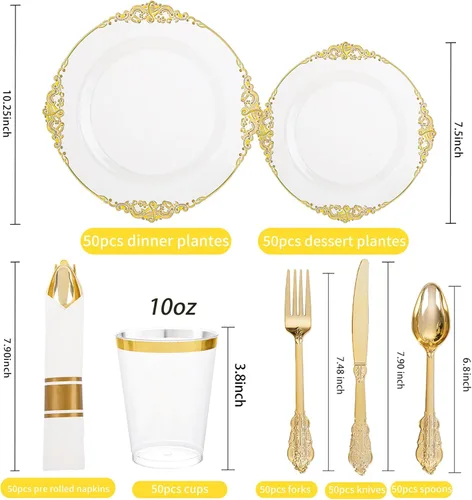 Miniatura 5 de Hioasis 350 platos de plástico transparente y dorado, elegante juego de vajilla desechable adecuado para 50 invitados, incluye platos de cena
