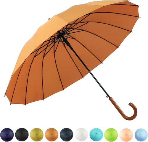 SoulRain Paraguas de palo de 16 varillas de 48 pulgadas, apertura automática, color sólido, moderno y simple, mango de madera clásico de arco,