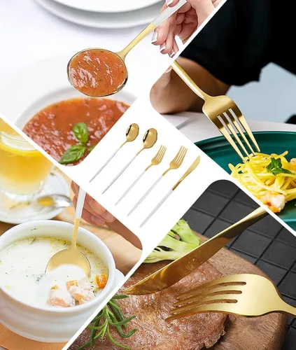 Miniatura 4 de Kawlity Cubiertos de acero inoxidable duraderos de color blanco y dorado, cuchillos pulidos, cuchara, tenedores, 30 piezas, vajilla de cena