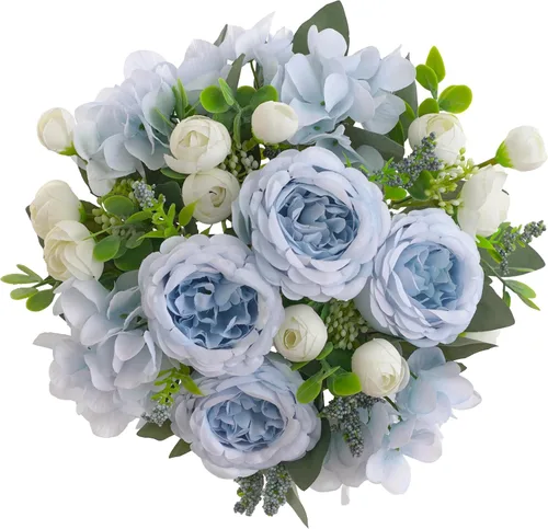 2 racimos de peonías artificiales, peonías pequeñas de seda azul, arreglos florales de hortensias falsas, centro de mesa, flores sintéticas para