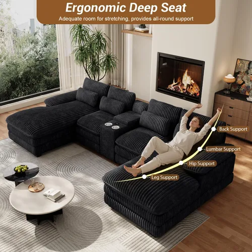 Miniatura 6 de Sofá seccional en forma de U de 132 pulgadas, mullido y afelpado de pana de 4 asientos, sofás seccionales color negro para sala de estar, cómodo