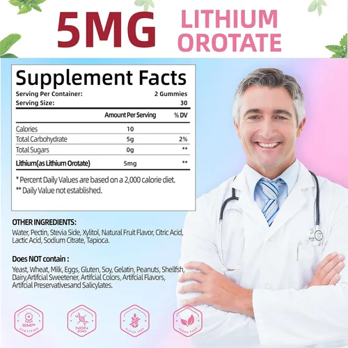 Miniatura 3 de Gomitas de Orotate de litio de 5 mg Suplemento de litio masticable biodisponible alimentado por plantas Apoyo para el equilibrio diario