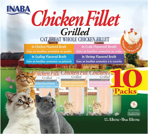 INABA Natural, Filetes de Pollo a la Parrilla Cortados a Mano de Primera Calidad, Premios/Complemento/Suplemento para Gatos con Vitamina E y