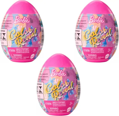 Barbie Color Reveal - Huevo de Pascua serie HJX67 Huevo de colores sorpresas, paquete de 3 huevos de colores al azar, pequeño