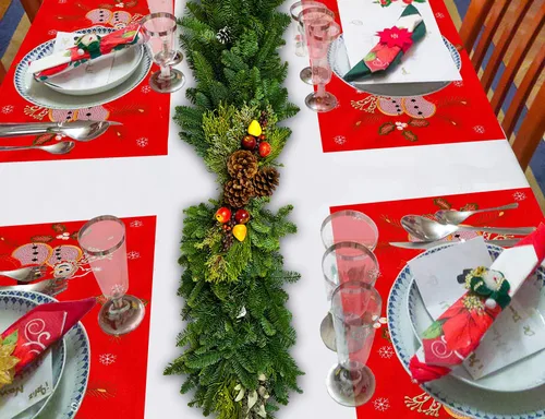 Miniatura 5 de Juego de 6 manteles individuales bordados rojos para Navidad e invierno, rectangulares de 12 x 18 pulgadas (muñeco de nieve)