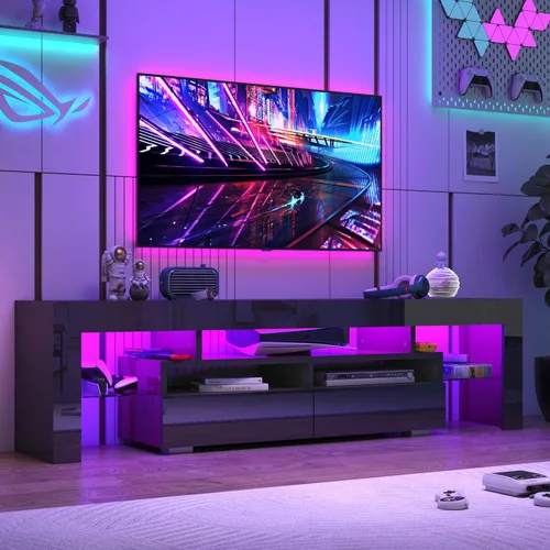 Miniatura 2 de Vinctik 6&Fox Soporte de TV negro para TV de 55/60/65 pulgadas, centro de entretenimiento moderno con 2 cajones de almacenamiento y luz LED, mueble