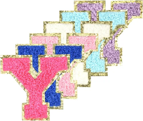 Miniatura 31 de 6 piezas de parches de letras de chenilla autoadhesivas con purpurina para planchar, parches de letras universitarias estilo preppy, letras difusas