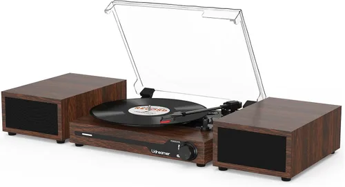 Reproductor de discos de vinilo con altavoces externos BT 5.3 tocadiscos inalámbrico portátil con 3 velocidades USB vintage madera café