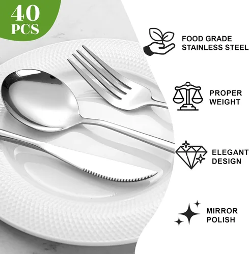 Miniatura 3 de NOCCUR - Juego de 40 cubiertos de acero inoxidable plateados para 8 personas - Juego de utensilios que incluye cuchillos, cucharas y tenedores