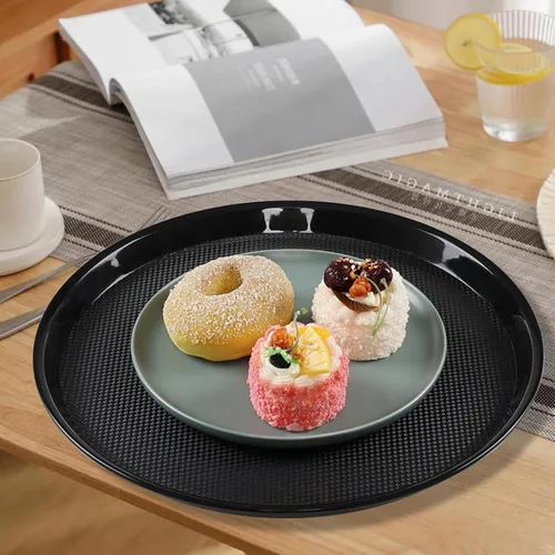 Miniatura 3 de Paquete de 4 bandejas redondas para restaurante, plato redondo de plástico para servir, color negro
