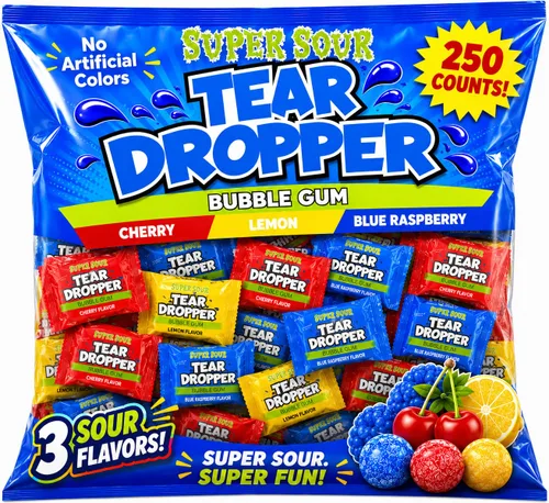 Tear Droppers - Bolas de chicle ácidas, 250 unidades, sin tintes artificiales, envueltas individualmente, cereza, limón y frambuesa azul, caramelos