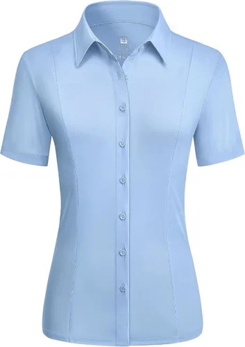 Miniatura 10 de Camisas con botones para mujer, elásticas, de manga corta, con cuello, sin arrugas, básica, de negocios, blusa de trabajo