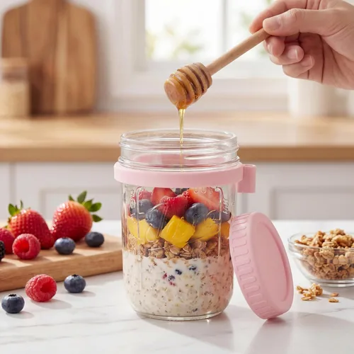 Miniatura 9 de HomArtist Recipientes de avena de 16 onzas con tapas y cucharas, paquete de 4 tarros Mason de boca ancha con tapas herméticas, tarros de avena