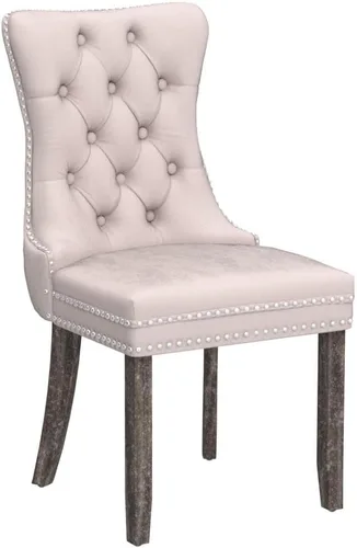 Miniatura 5 de KCC Nikki Collection - Juego de 4 sillas de comedor de terciopelo tapizadas de alta gama con anillo trasero de clavo, patas de madera maciza