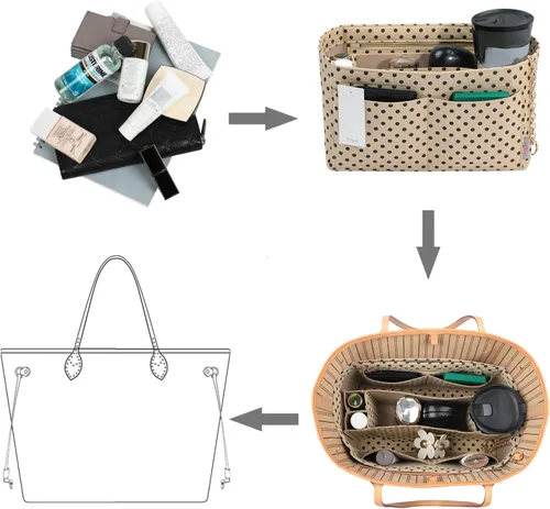 Miniatura 7 de Organizador de bolso organizador de fieltro con cremallera e inserto inferior cosido ajuste Speedy Neverfull Gracefull bolso 6 tamaños M lunares