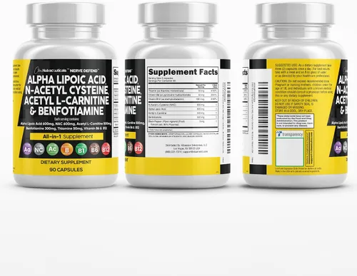 Miniatura 10 de Ácido alfa lipoico 600 mg N-acetil cisteína 600 mg acetil L-carnitina 500 mg Benfotiamina 300 mg - Suplemento de apoyo nervioso para mujeres