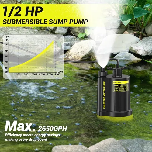 Miniatura 4 de Bomba de sumidero PHLEX PRO de 1/2HP - Bomba de agua sumergible de 2650GPH, bomba de utilidad termoplástica eléctrica portátil de transferencia