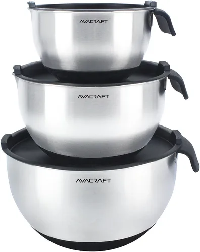 AVACRAFT Tazones para mezclar de acero inoxidable 18/10 con tapas, cuencos de base de silicona antideslizantes con asa, juego de cuencos para Negro