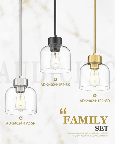 Miniatura 7 de Luces Colgantes Negras para Isla de Cocina, Accesorios de Luces Colgantes de 7" con Pantalla de Vidrio Transparente, Iluminación Colgante Moderna
