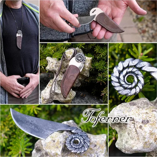 Miniatura 2 de Toferner Cuchillo de bolsillo celta, cuchillo forjado a mano con funda de cuero para el cuello, hoja endurecida, vintage, colección de arte antiguo