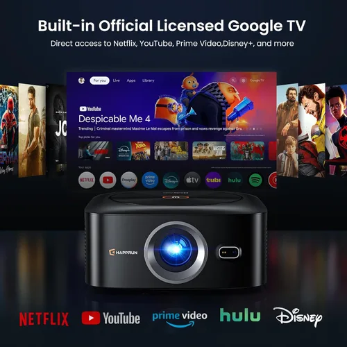 Miniatura 2 de Proyector inteligente Google TV con licencia oficial 1500 ANSI, HAPPRUN 4K Full HD Home Theater con enfoque automático, sonido Dolby, Wi-Fi