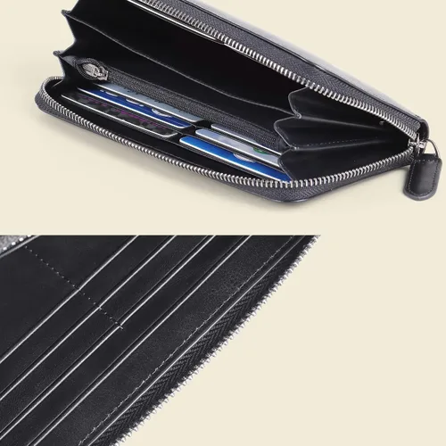 Miniatura 5 de VISOUL Cartera larga de cuero con cremallera para hombres y mujeres con bloqueo RFID, cartera larga de embrague grande con cremallera, Negro