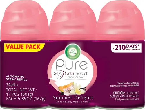 Air Wick - repuestos en espray para ambientador automático, olor veraniego, 3 unidades, 5.89 onzas, aceites esenciales, neutraliza malos olores