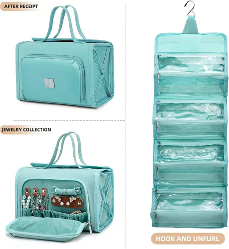 Miniatura 2 de ROYALFAIR Bolsa de maquillaje enrollable, bolsa de aseo impermeable para mujer, organizador de viaje colgante con compartimento organizador de Azul
