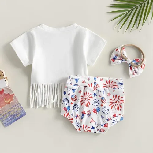 Miniatura 7 de Conjunto de ropa para bebÃ© niÃ±a del 4 de julio, camisa con flecos, blusa con borlas y diadema corta