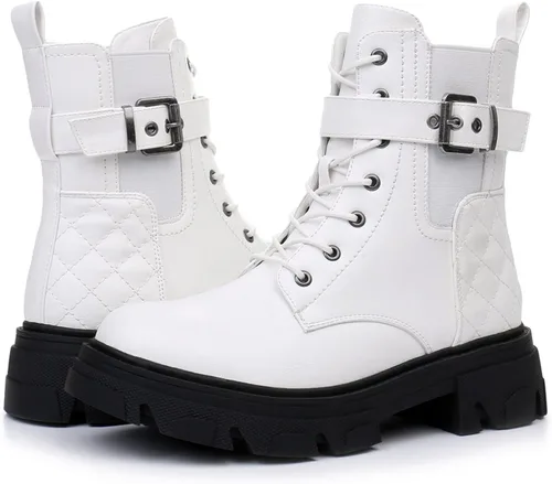 Miniatura 2 de GLOBALWIN Botas de combate para mujer, botines con cordones, cómodas botas de suela de lengüeta para mujer, tacón bajo grueso