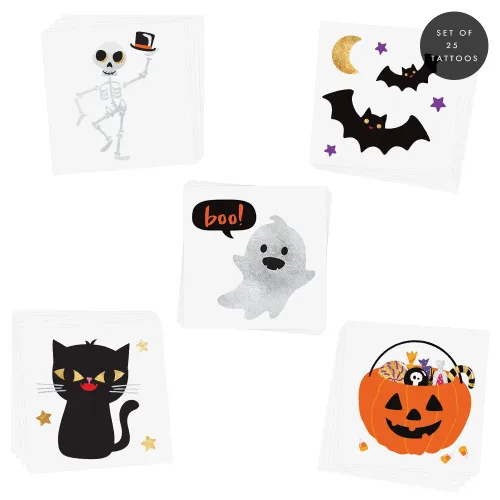 Flash Tattoos Bonito juego de 25 piezas surtidas inspiradas en Halloween, impermeables, metálicas, de oro y plata, tatuajes temporales de papel de