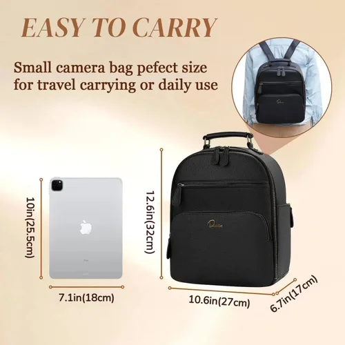 Miniatura 3 de Mochila pequeña para cámara clásica de cuero PU para DSLR, bolsa profesional para fotógrafos con compartimento para almohadilla/tableta de 11