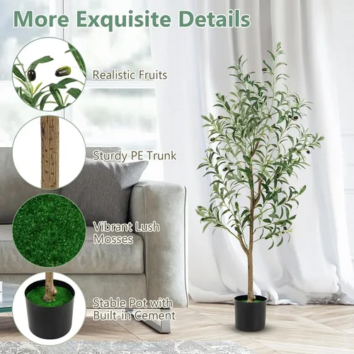 Miniatura 4 de Goplus Árbol de olivo artificial de 4.5 pies, árbol de seda alto en maceta con frutas realistas, plantas de vegetación sintética