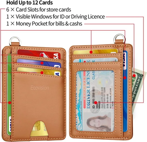 Miniatura 5 de EcoVision Cartera delgada minimalista con bolsillo frontal, bloqueo RFID, tarjetero con grillete en D desmontable para hombres y mujeres, Piel