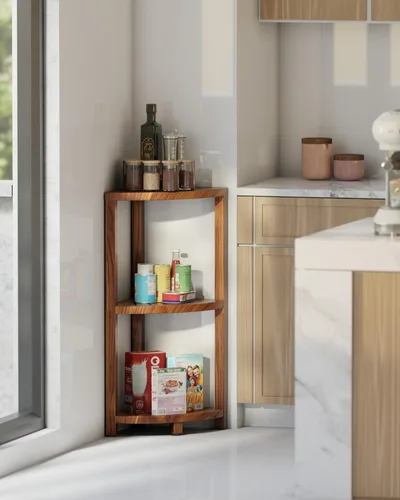 Miniatura 2 de BLUEWEST Soporte esquinero de ducha de 3 niveles, organizador de ducha de madera de pie con pies antideslizantes, estante de esquina de baño