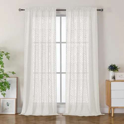 Miniatura 95 de Simplebrand Cortinas traslúcidas negras de cocina de 24 pulgadas de largo, 2 paneles, filtrado de luz, geométrico jacquard con textura, cortinas