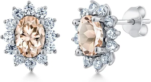 Miniatura 57 de Gem Stone King Aretes ovalados de plata de ley 925 de 0.276 x 0.197 in con piedra natal de la princesa Diana, estilo halo real para mujeres