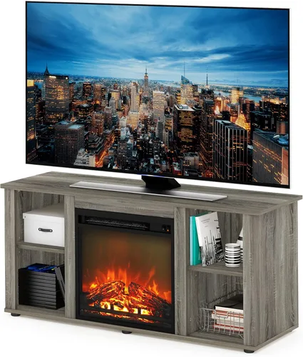 Furinno Jensen - Soporte para TV con chimenea y centro de entretenimiento con almacenamiento abierto para TV de hasta 55 pulgadas, color gris roble