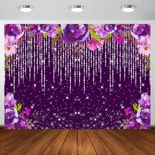 Telón de fondo morado con purpurina de 7 x 5 pies, telón de fondo de acuarela con diamantes plateados brillantes, decoración de fiesta de té Bokeh