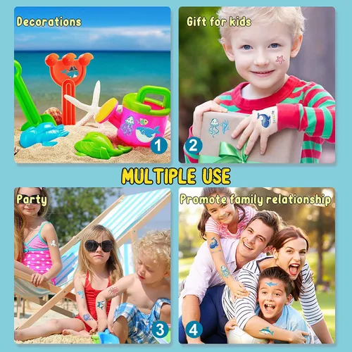 Miniatura 4 de Partywind Tatuajes temporales luminosos de tiburón para niños, tiburones brillantes y océanos, decoraciones de cumpleaños, suministros de fiesta