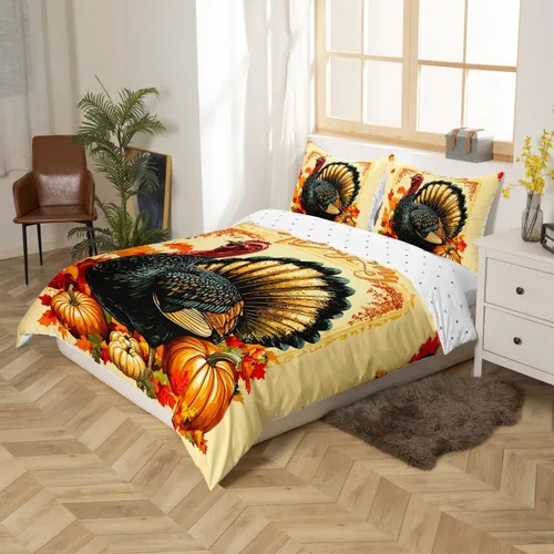 Miniatura 6 de Erosebridal Juego de funda de edredón individual de pavo de Acción de Gracias, juego de ropa de cama de calabaza y hojas de otoño para niños