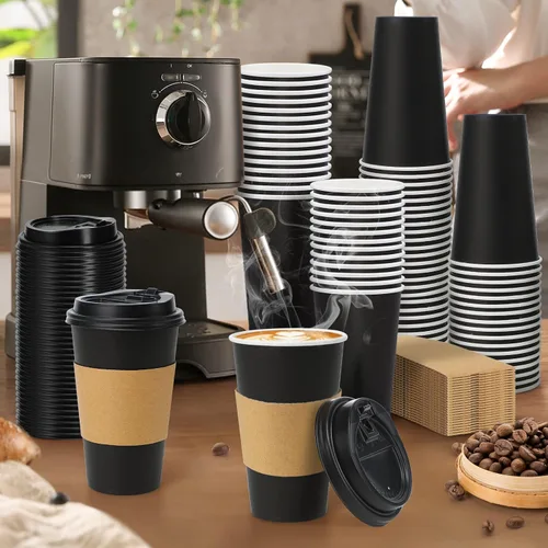 Miniatura 4 de Lamosi Paquete de 100 unidades de tazas de café desechables de 16 onzas con tapas y fundas, negras, a prueba de fugas, para llevar, tazas de café
