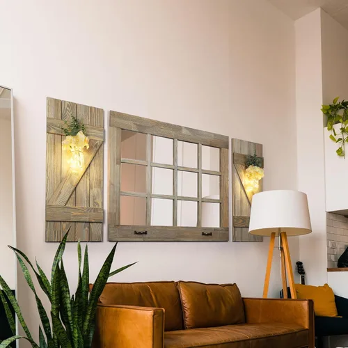 Miniatura 3 de Espejo decorativo grande para ventana, espejos de granja resistentes para decoración de pared con 12 espejos de vidrio real y dos persianas rústicas