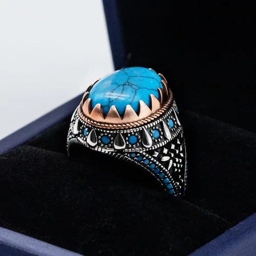 Miniatura 4 de AROTOROM Retro Turquoise Ring for Men in 925 Sterling Silver Oval Sky Blue Stone Ring Life Track Significance Turkish Handmade Engraved Silver Ring
