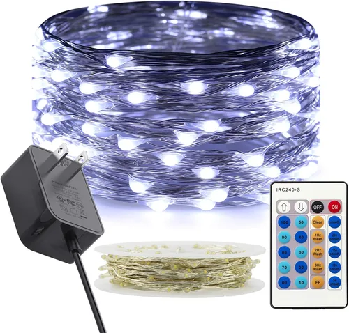 Miniatura 14 de RUICHEN Guirnalda de luces regulables enchufables de 33 pies, 100 luces LED de alambre plateado con control remoto, color naranja