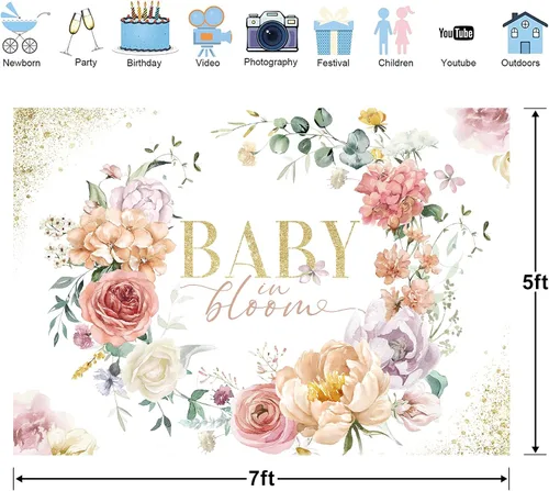 Miniatura 3 de Glawry Baby in Bloom - Telón de fondo de 7 pulgadas de ancho x 5 pies de alto, rosa, floral, para niñas, acuarela, peonía, hojas de flor de rosa