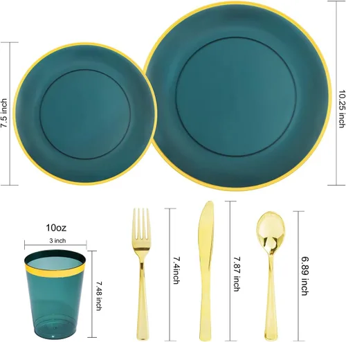 Miniatura 3 de LIYH - 180 platos navideños de plástico transparente y verde dorado, juego de vajilla de plástico desechable verde esmeralda, incluye platos